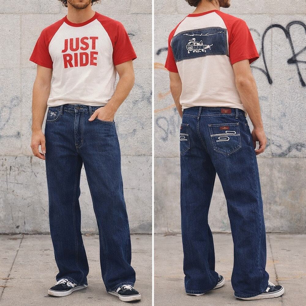 Y2K Helicopter Embroidered Choppers Jeans Dark Wash Straight Leg Denim 34x32